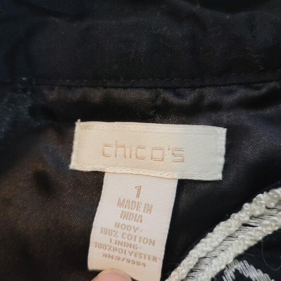 Chico's Size 1 US M Open Front Jacket Black and White Geometric Hems Layer - Picture 7 of 8